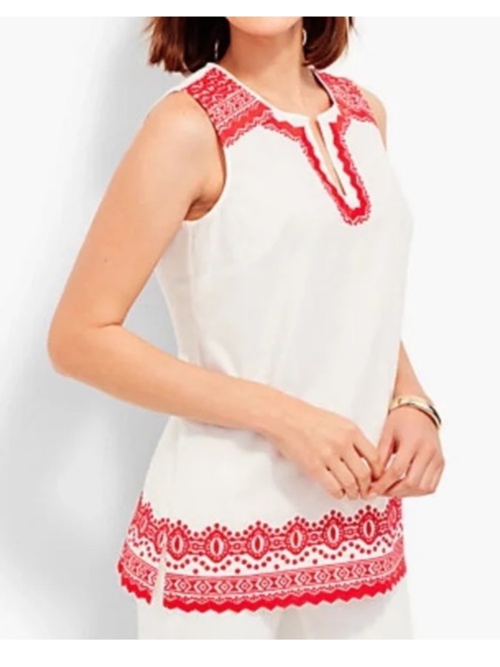 Talbots White Sleeveless Tunic Top with Red Embroidered Trim size S